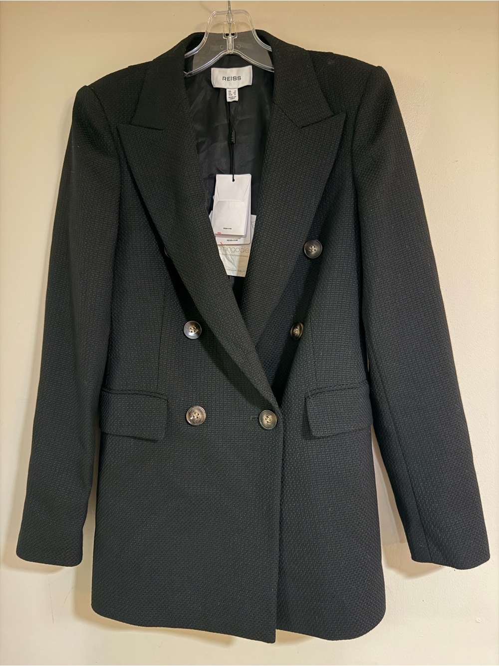 Reiss Black Textured Double-Breasted Blazer Jacket